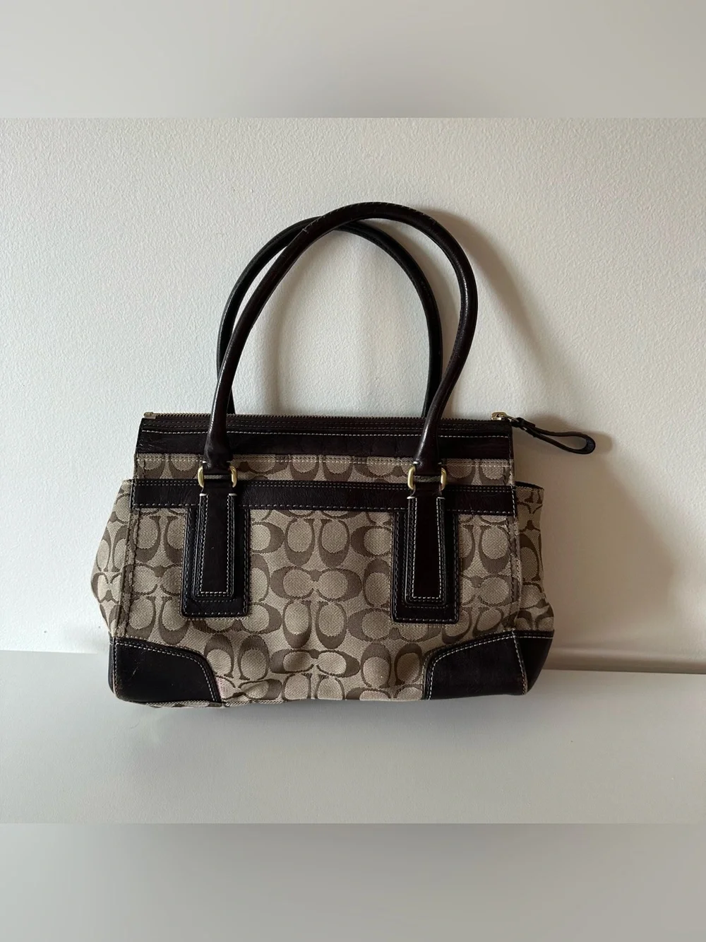 Vintage Y2K Coach Signature Hampton Satchel Shoulder Bag Turnlock Logo Tan - Picture 2 of 8